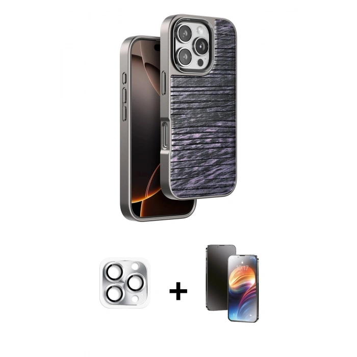 MARSİLYAN™- iPhone 16 Pro Max Kılıf Atlas Minimal Özel Seri - Siyah 3D Antistatik Mat Seramik Nano Ekran Koruyucu + Gümüş Pers Alüminyum Kamera Lens