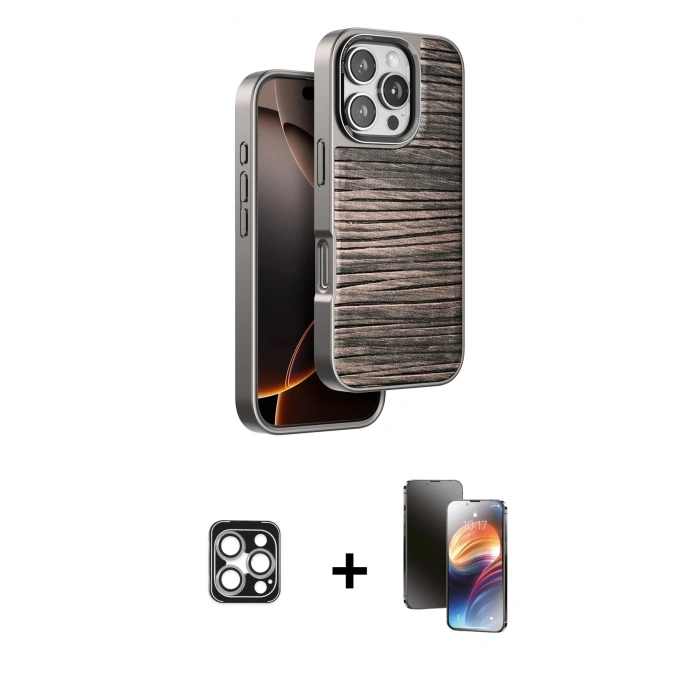 MARSİLYAN™- iPhone 16 Pro Max Kılıf Atlas Minimal Özel Seri - Siyah 3D Antistatik Mat Seramik Nano Ekran Koruyucu + Gümüş PVD Metal Kamera Lens