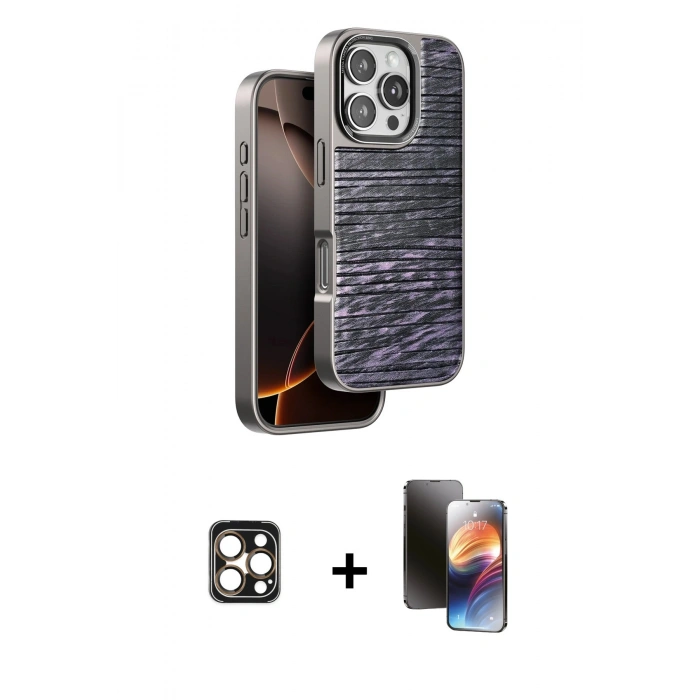 MARSİLYAN™- iPhone 16 Pro Max Kılıf Atlas Minimal Özel Seri - Siyah 3D Antistatik Mat Seramik Nano Ekran Koruyucu + PVD Metal Kamera Lens - GD
