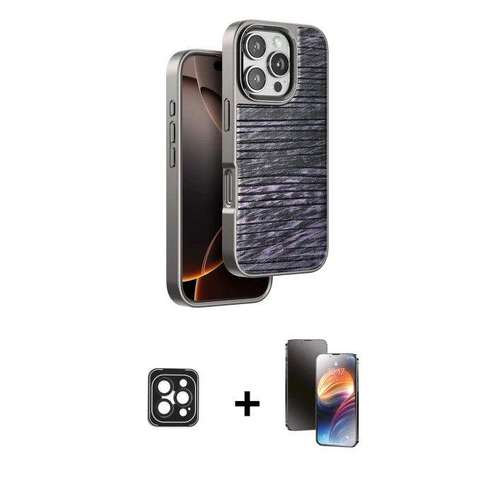 MARSİLYAN™- iPhone 16 Pro Max Kılıf Atlas Minimal Özel Seri - Siyah 3D Antistatik Mat Seramik Nano Ekran Koruyucu + PVD Metal Kamera Lens - SH
