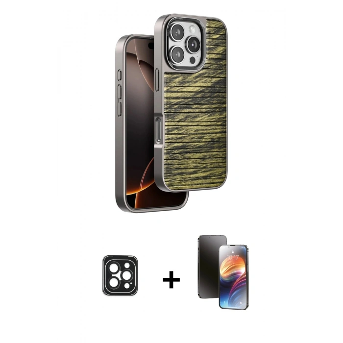 MARSİLYAN™- iPhone 16 Pro Max Kılıf Atlas Minimal Özel Seri - Siyah 3D Antistatik Mat Seramik Nano Ekran Koruyucu + PVD Metal Kamera Lens - SH