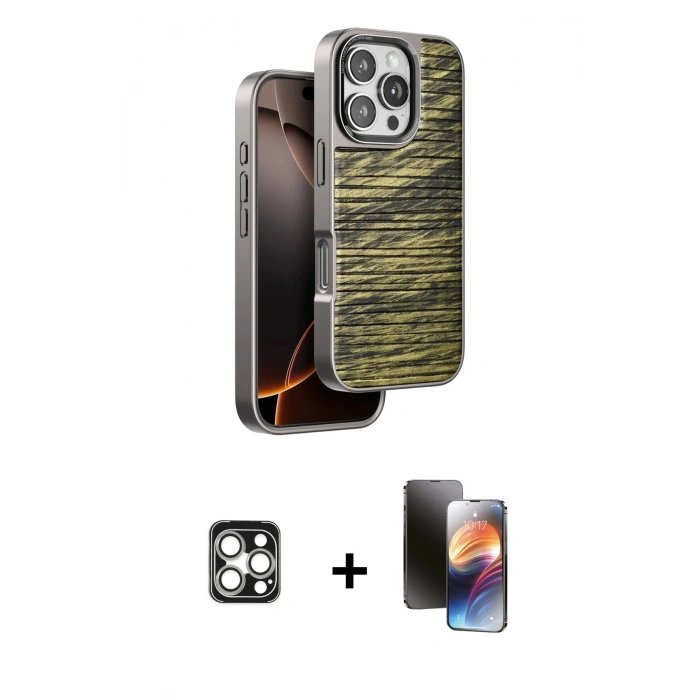 MARSİLYAN™- iPhone 16 Pro Max Kılıf Atlas Minimal Özel Seri - Siyah 3D Antistatik Mat Seramik Nano Ekran Koruyucu + Gümüş PVD Metal Kamera Lens