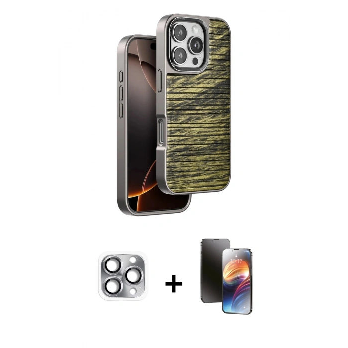 MARSİLYAN™- iPhone 16 Pro Max Kılıf Atlas Minimal Özel Seri - Siyah 3D Antistatik Mat Seramik Nano Ekran Koruyucu + Gri Pers Alüminyum Kamera Lens