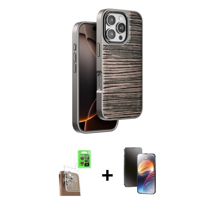 MARSİLYAN™- iPhone 16 Pro Max Kılıf Atlas Minimal Özel Seri - Siyah 3D Antistatik Mat Seramik Nano Ekran Koruyucu + Raze Metal Kamera Lens - CLTM