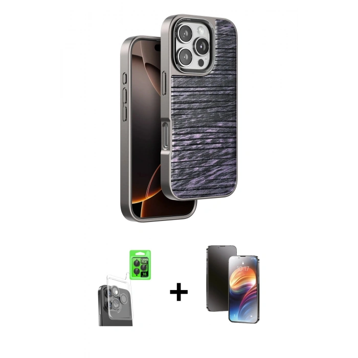 MARSİLYAN™- iPhone 16 Pro Max Kılıf Atlas Minimal Özel Seri - Siyah 3D Antistatik Mat Seramik Nano Ekran Koruyucu + Raze Metal Kamera Lens - SH