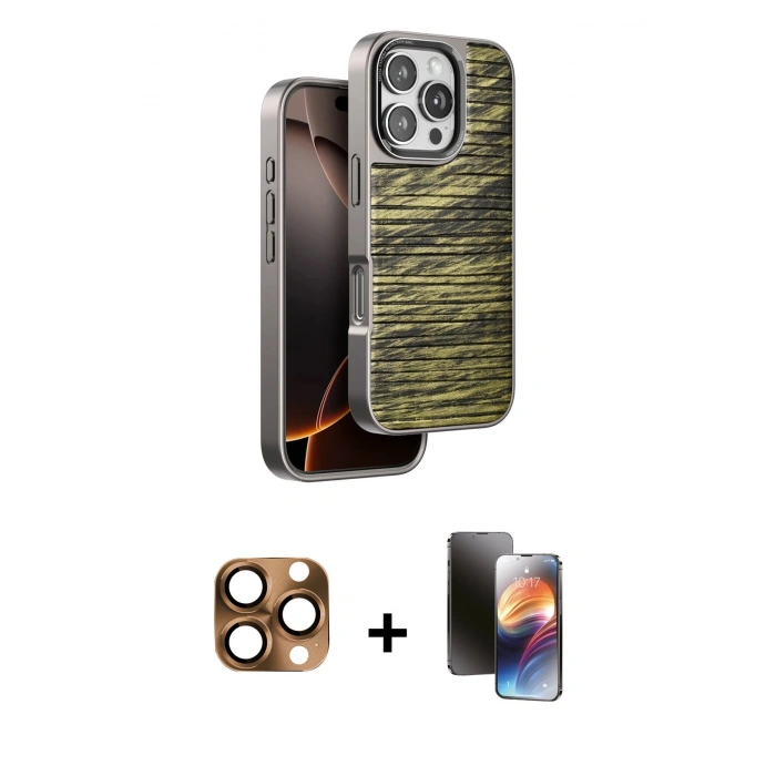 MARSİLYAN™- iPhone 16 Pro Max Kılıf Atlas Minimal Özel Seri - Siyah 3D Antistatik Mat Seramik Nano Ekran Koruyucu + Çöl Titanyum Pers Alüminyum Kamera Lens