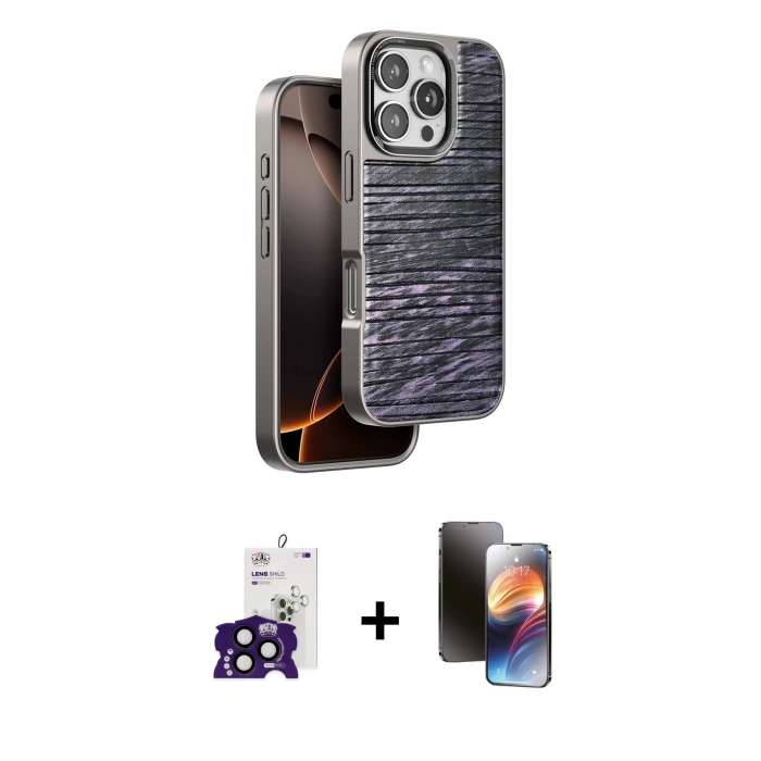 MARSİLYAN™- iPhone 16 Pro Max Kılıf Atlas Minimal Özel Seri - Siyah 3D Antistatik Mat Seramik Nano Ekran Koruyucu + Bilvis Titan Kamera Lens - SH