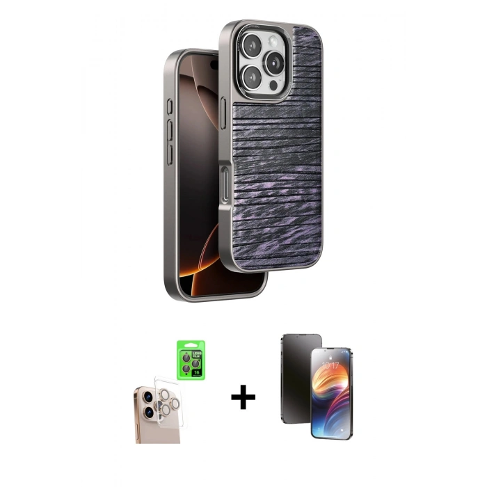 MARSİLYAN™- iPhone 16 Pro Max Kılıf Atlas Minimal Özel Seri - Siyah 3D Antistatik Mat Seramik Nano Ekran Koruyucu + Raze Metal Kamera Lens - NLGY