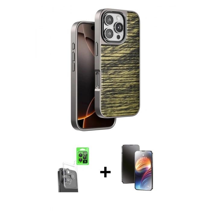 MARSİLYAN™- iPhone 16 Pro Max Kılıf Atlas Minimal Özel Seri - Siyah 3D Antistatik Mat Seramik Nano Ekran Koruyucu + Raze Metal Kamera Lens - SH