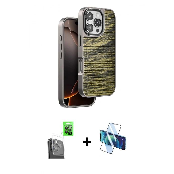 MARSİLYAN™- iPhone 16 Pro Max Kılıf Atlas Minimal Özel Seri - Siyah 3D Antistatik Seramik Nano Ekran Koruyucu + Raze Metal Kamera Lens - SH