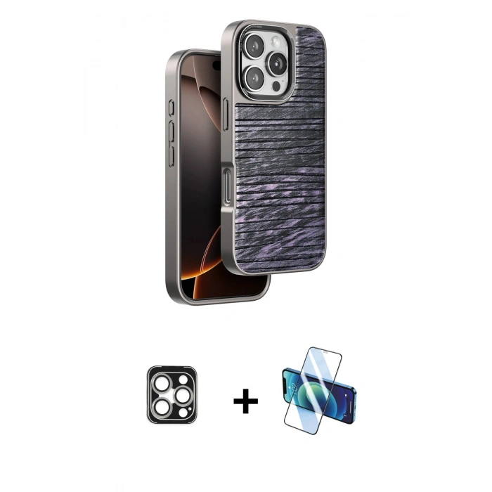 MARSİLYAN™- iPhone 16 Pro Max Kılıf Atlas Minimal Özel Seri - Siyah 3D Antistatik Seramik Nano Ekran Koruyucu + PVD Metal Kamera Lens - GS