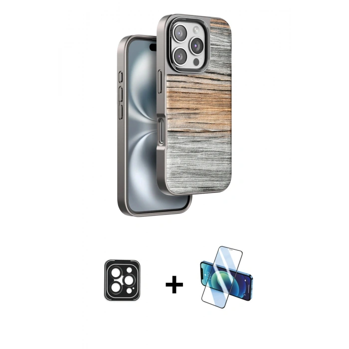 MARSİLYAN™- iPhone 16 Pro Max Kılıf Atlas Minimal Özel Seri - Siyah 3D Antistatik Seramik Nano Ekran Koruyucu + PVD Metal Kamera Lens - SH