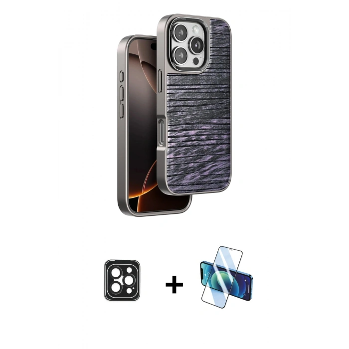 MARSİLYAN™- iPhone 16 Pro Max Kılıf Atlas Minimal Özel Seri - Siyah 3D Antistatik Seramik Nano Ekran Koruyucu + PVD Metal Kamera Lens - SH