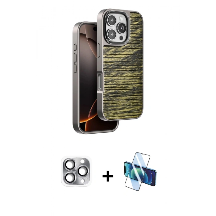 MARSİLYAN™- iPhone 16 Pro Max Kılıf Atlas Minimal Özel Seri - Siyah 3D Antistatik Seramik Nano Ekran Koruyucu + Pers Alüminyum Kamera Lens - GI
