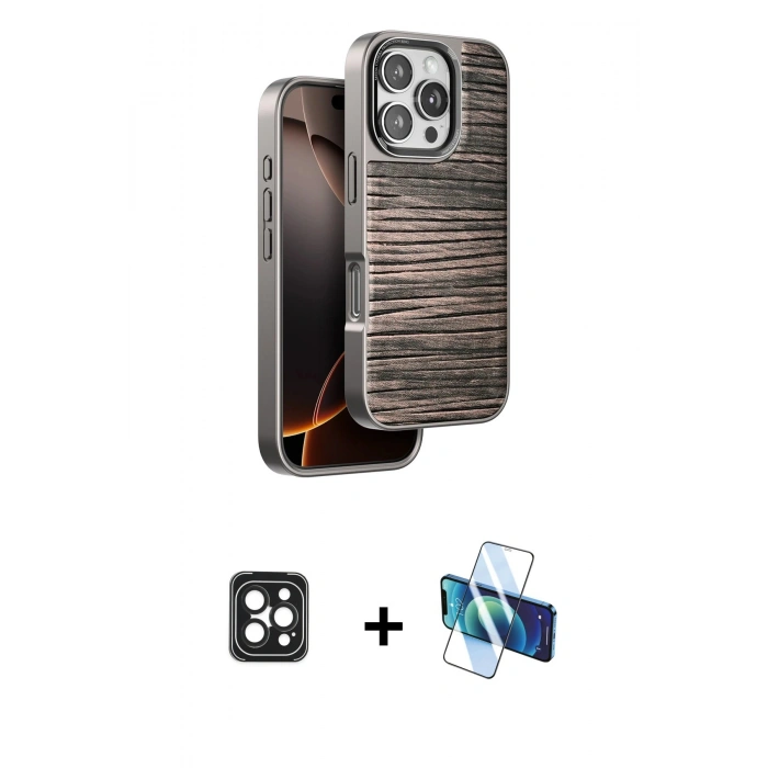 MARSİLYAN™- iPhone 16 Pro Max Kılıf Atlas Minimal Özel Seri - Siyah 3D Antistatik Seramik Nano Ekran Koruyucu + PVD Metal Kamera Lens - SH
