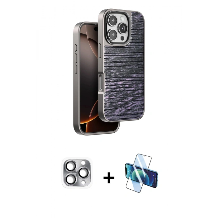 MARSİLYAN™- iPhone 16 Pro Max Kılıf Atlas Minimal Özel Seri - Siyah 3D Antistatik Seramik Nano Ekran Koruyucu + Pers Alüminyum Kamera Lens - GI