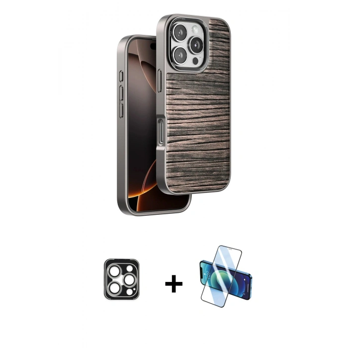 MARSİLYAN™- iPhone 16 Pro Max Kılıf Atlas Minimal Özel Seri - Siyah 3D Antistatik Seramik Nano Ekran Koruyucu + PVD Metal Kamera Lens - GS