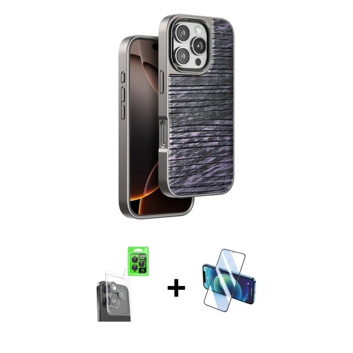 MARSİLYAN™- iPhone 16 Pro Max Kılıf Atlas Minimal Özel Seri - Siyah 3D Antistatik Seramik Nano Ekran Koruyucu + Raze Metal Kamera Lens - SH