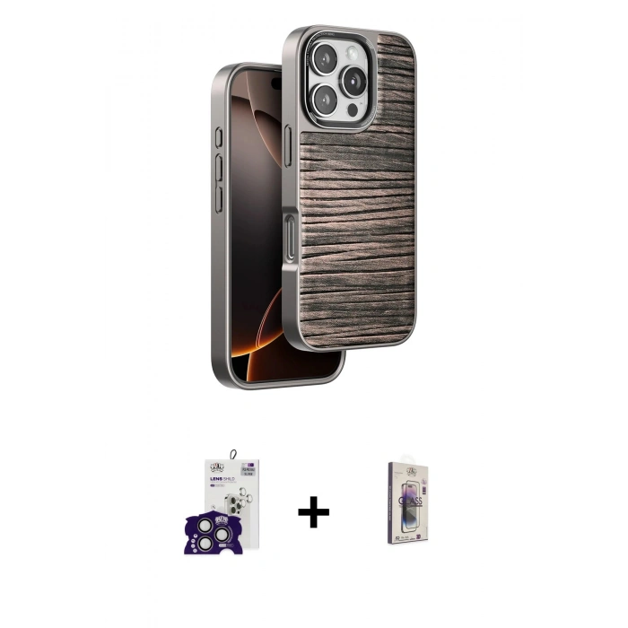 MARSİLYAN™- iPhone 16 Pro Max Kılıf Atlas Minimal Özel Seri - Siyah Bilvis 3D Cam Ekran Koruyucu + Bilvis Titan Kamera Lens - TMGI