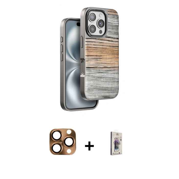MARSİLYAN™- iPhone 16 Pro Max Kılıf Atlas Minimal Özel Seri - Siyah Bilvis 3D Cam Ekran Koruyucu + Çöl Titanyum Pers Alüminyum Kamera Lens