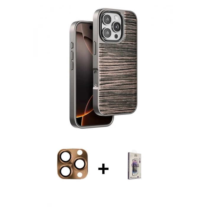 MARSİLYAN™- iPhone 16 Pro Max Kılıf Atlas Minimal Özel Seri - Siyah Bilvis 3D Cam Ekran Koruyucu + Çöl Titanyum Pers Alüminyum Kamera Lens