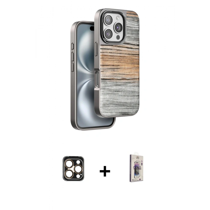 MARSİLYAN™- iPhone 16 Pro Max Kılıf Atlas Minimal Özel Seri - Siyah Bilvis 3D Cam Ekran Koruyucu + PVD Metal Kamera Lens - GD