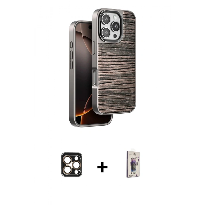 MARSİLYAN™- iPhone 16 Pro Max Kılıf Atlas Minimal Özel Seri - Siyah Bilvis 3D Cam Ekran Koruyucu + PVD Metal Kamera Lens - GD