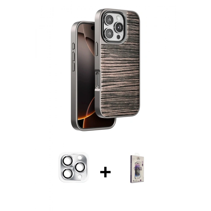 MARSİLYAN™- iPhone 16 Pro Max Kılıf Atlas Minimal Özel Seri - Siyah Bilvis 3D Cam Ekran Koruyucu + Pers Alüminyum Kamera Lens - GS