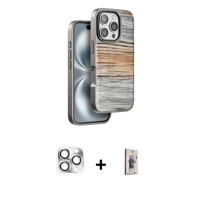 MARSİLYAN™- iPhone 16 Pro Max Kılıf Atlas Minimal Özel Seri - Siyah Bilvis 3D Cam Ekran Koruyucu + Pers Alüminyum Kamera Lens - GS