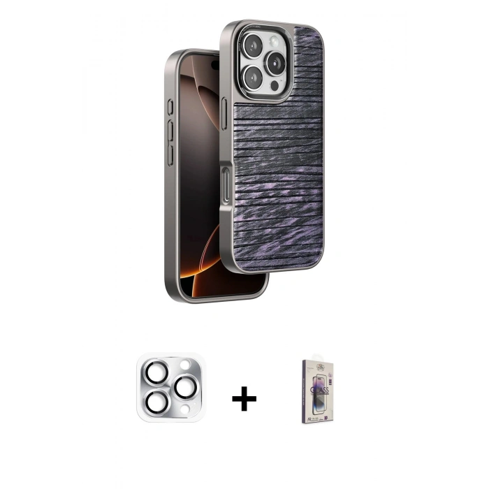 MARSİLYAN™- iPhone 16 Pro Max Kılıf Atlas Minimal Özel Seri - Siyah Bilvis 3D Cam Ekran Koruyucu + Pers Alüminyum Kamera Lens - GS