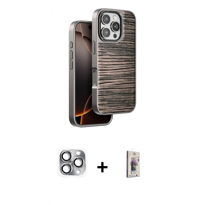 MARSİLYAN™- iPhone 16 Pro Max Kılıf Atlas Minimal Özel Seri - Siyah Bilvis 3D Cam Ekran Koruyucu + Pers Alüminyum Kamera Lens - GI
