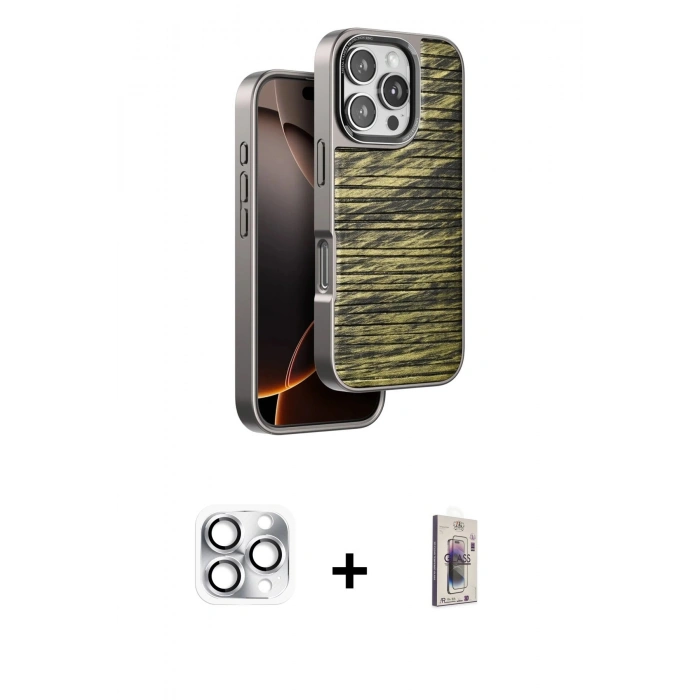 MARSİLYAN™- iPhone 16 Pro Max Kılıf Atlas Minimal Özel Seri - Siyah Bilvis 3D Cam Ekran Koruyucu + Pers Alüminyum Kamera Lens - GS