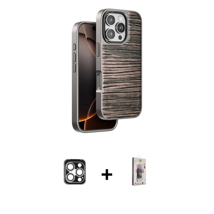 MARSİLYAN™- iPhone 16 Pro Max Kılıf Atlas Minimal Özel Seri - Siyah Bilvis 3D Cam Ekran Koruyucu + PVD Metal Kamera Lens - GS