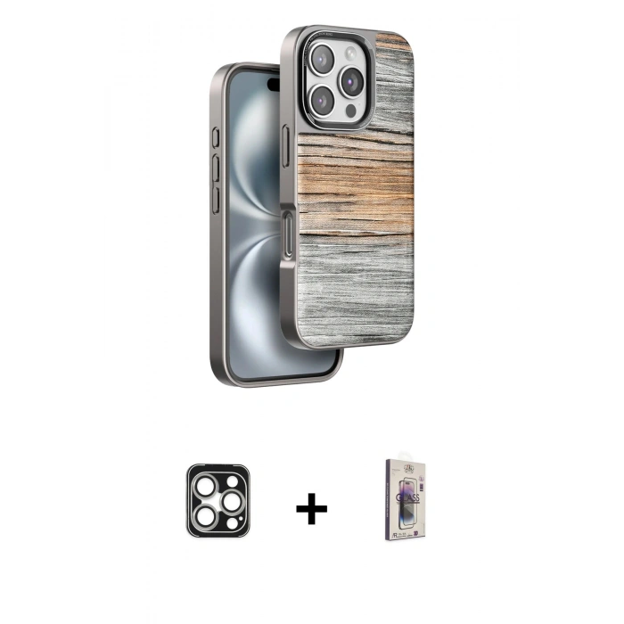 MARSİLYAN™- iPhone 16 Pro Max Kılıf Atlas Minimal Özel Seri - Siyah Bilvis 3D Cam Ekran Koruyucu + PVD Metal Kamera Lens - GS