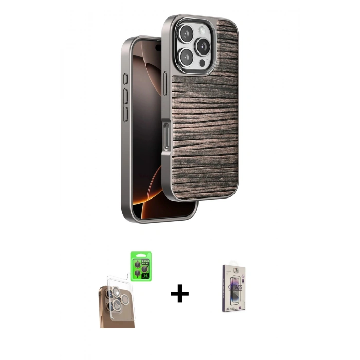 MARSİLYAN™- iPhone 16 Pro Max Kılıf Atlas Minimal Özel Seri - Siyah Bilvis 3D Cam Ekran Koruyucu + Raze Metal Kamera Lens - CLTM