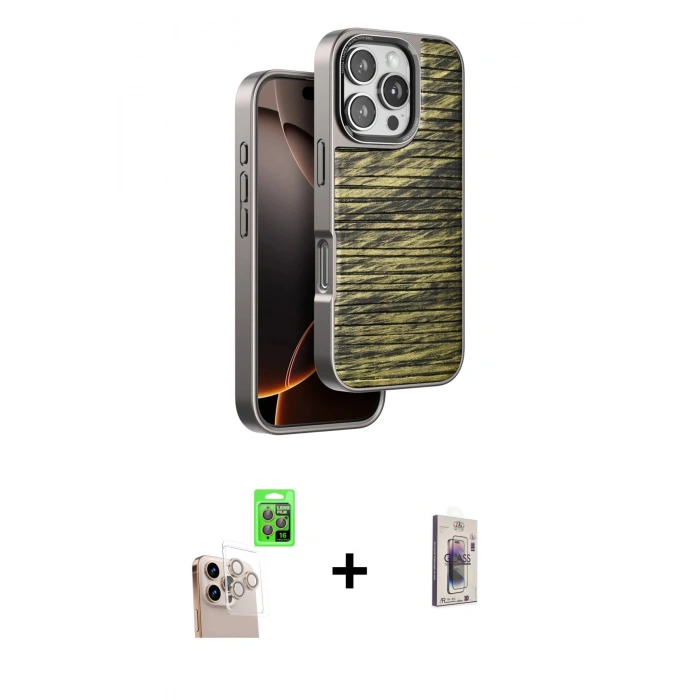 MARSİLYAN™- iPhone 16 Pro Max Kılıf Atlas Minimal Özel Seri - Siyah Bilvis 3D Cam Ekran Koruyucu + Raze Metal Kamera Lens - NLGY