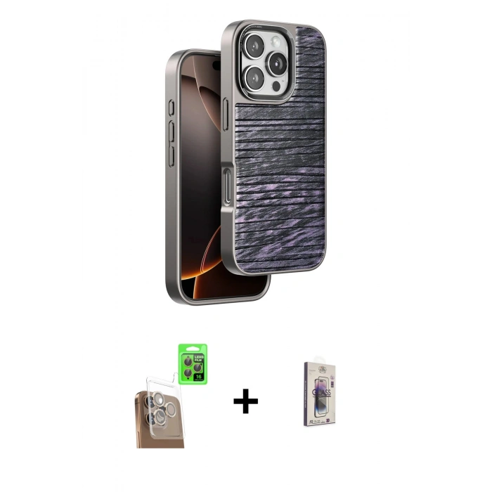 MARSİLYAN™- iPhone 16 Pro Max Kılıf Atlas Minimal Özel Seri - Siyah Bilvis 3D Cam Ekran Koruyucu + Raze Metal Kamera Lens - CLTM