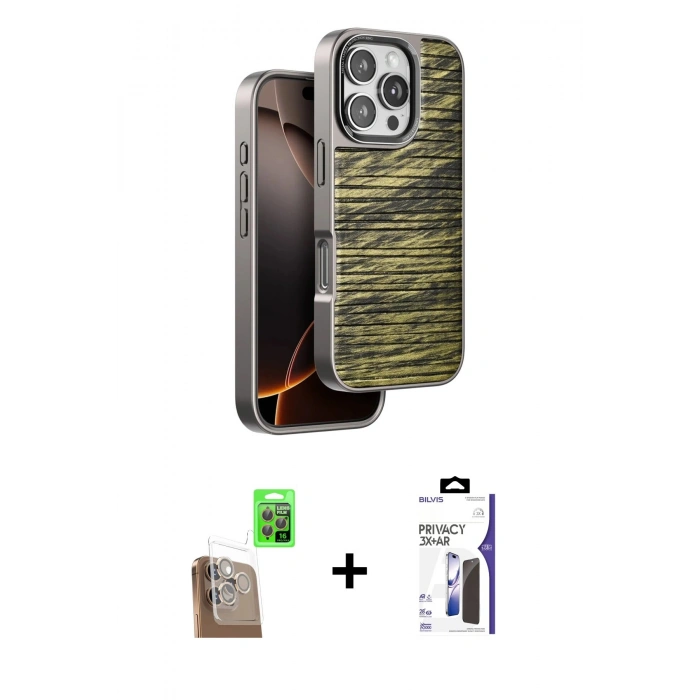 MARSİLYAN™- iPhone 16 Pro Max Kılıf Atlas Minimal Özel Seri - Siyah Bilvis 3X AR Hayalet Cam Ekran Koruyucu + Raze Metal Kamera Lens - CLTM