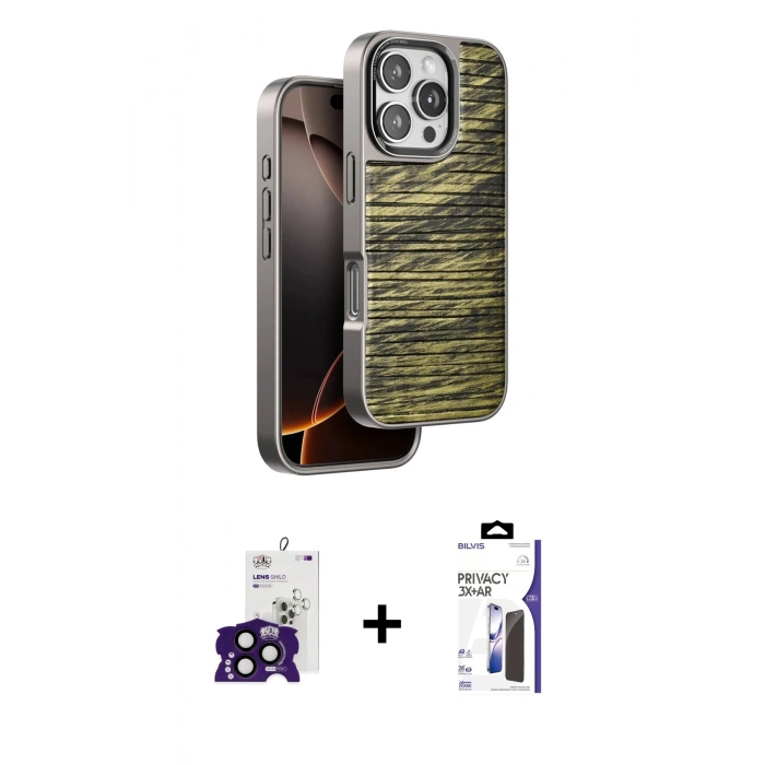 MARSİLYAN™- iPhone 16 Pro Max Kılıf Atlas Minimal Özel Seri - Siyah Bilvis 3X AR Hayalet Cam Ekran Koruyucu + Bilvis Titan Kamera Lens - SH