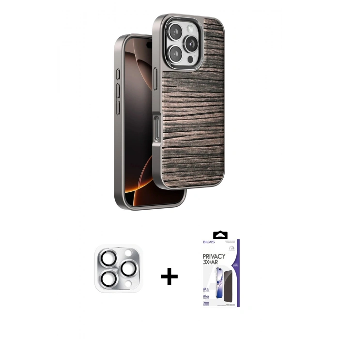 MARSİLYAN™- iPhone 16 Pro Max Kılıf Atlas Minimal Özel Seri - Siyah Bilvis 3X AR Hayalet Cam Ekran Koruyucu + Pers Alüminyum Kamera Lens - GS