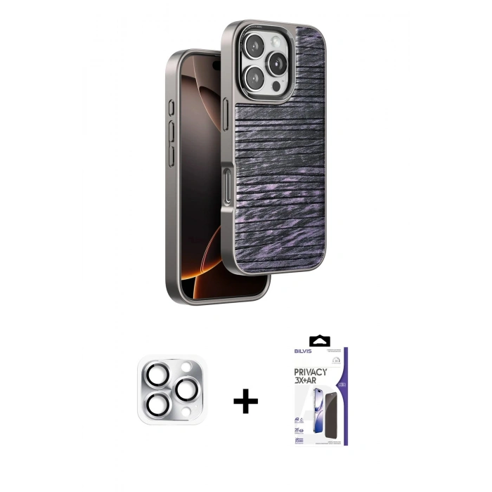 MARSİLYAN™- iPhone 16 Pro Max Kılıf Atlas Minimal Özel Seri - Siyah Bilvis 3X AR Hayalet Cam Ekran Koruyucu + Pers Alüminyum Kamera Lens - GS