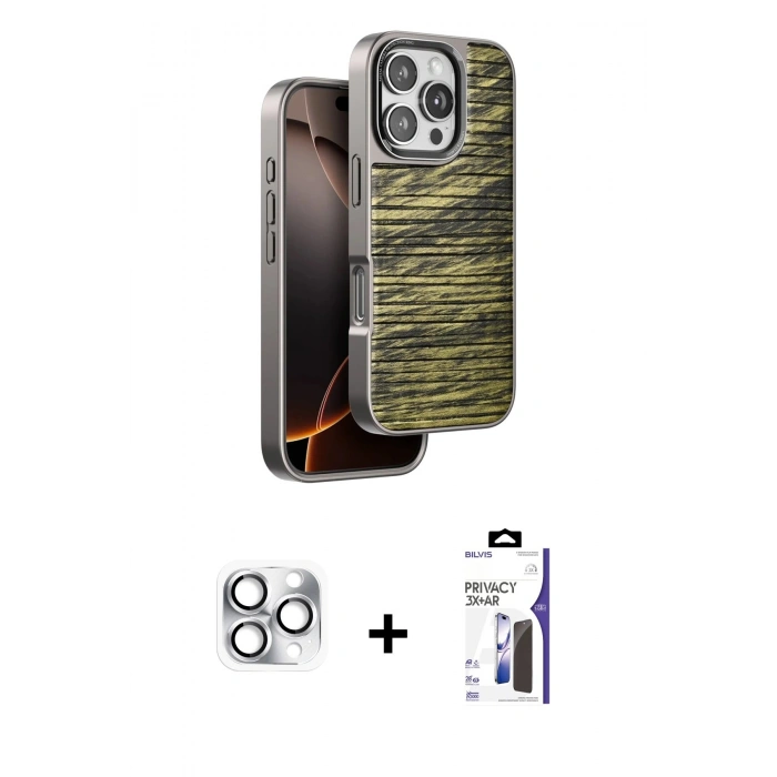 MARSİLYAN™- iPhone 16 Pro Max Kılıf Atlas Minimal Özel Seri - Siyah Bilvis 3X AR Hayalet Cam Ekran Koruyucu + Pers Alüminyum Kamera Lens - GS