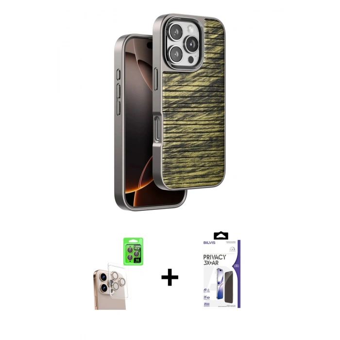 MARSİLYAN™- iPhone 16 Pro Max Kılıf Atlas Minimal Özel Seri - Siyah Bilvis 3X AR Hayalet Cam Ekran Koruyucu + Raze Metal Kamera Lens - NLGY