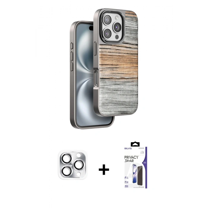 MARSİLYAN™- iPhone 16 Pro Max Kılıf Atlas Minimal Özel Seri - Siyah Bilvis 3X AR Hayalet Cam Ekran Koruyucu + Pers Alüminyum Kamera Lens - GS