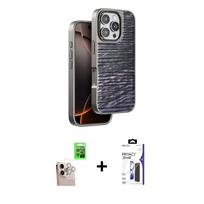 MARSİLYAN™- iPhone 16 Pro Max Kılıf Atlas Minimal Özel Seri - Siyah Bilvis 3X AR Hayalet Cam Ekran Koruyucu + Raze Metal Kamera Lens - NLGY