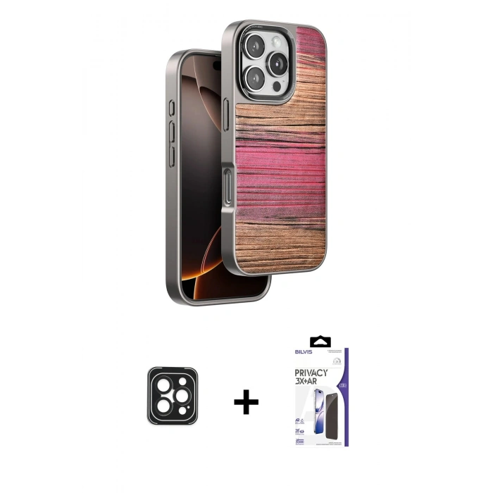 MARSİLYAN™- iPhone 16 Pro Max Kılıf Atlas Minimal Özel Seri - Siyah Bilvis 3X AR Hayalet Cam Ekran Koruyucu + PVD Metal Kamera Lens - SH