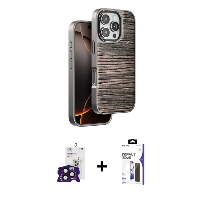 MARSİLYAN™- iPhone 16 Pro Max Kılıf Atlas Minimal Özel Seri - Siyah Bilvis 3X AR Hayalet Cam Ekran Koruyucu + Bilvis Titan Kamera Lens - SH