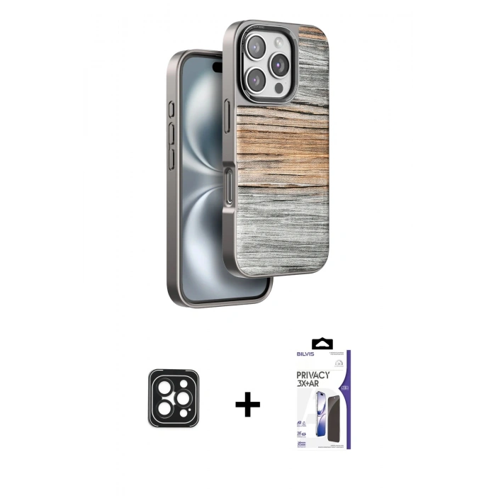 MARSİLYAN™- iPhone 16 Pro Max Kılıf Atlas Minimal Özel Seri - Siyah Bilvis 3X AR Hayalet Cam Ekran Koruyucu + PVD Metal Kamera Lens - SH