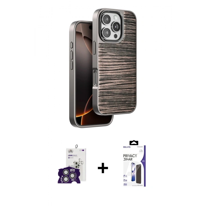 MARSİLYAN™- iPhone 16 Pro Max Kılıf Atlas Minimal Özel Seri - Siyah Bilvis 3X AR Hayalet Cam Ekran Koruyucu + Bilvis Titan Kamera Lens - GS
