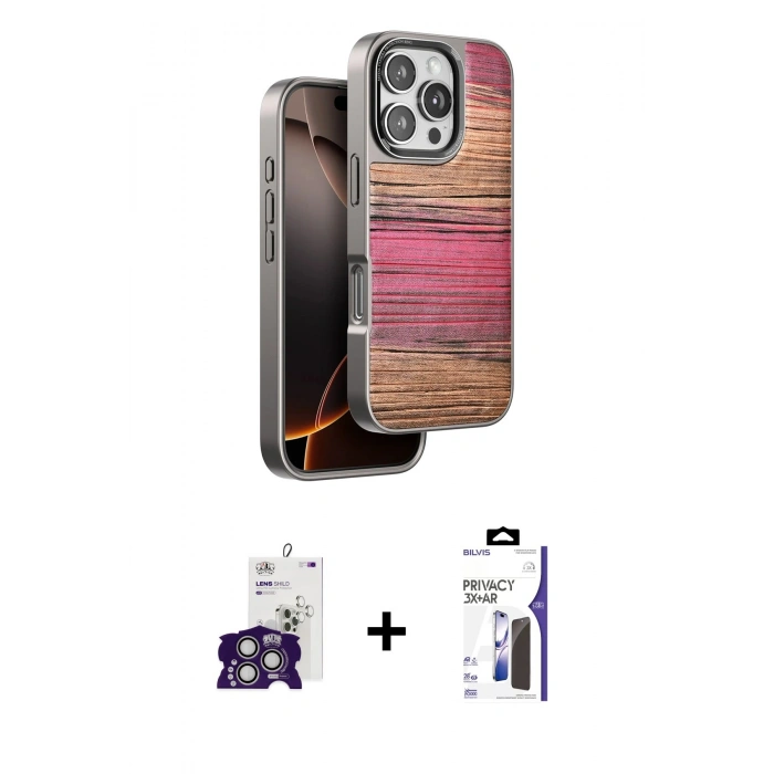 MARSİLYAN™- iPhone 16 Pro Max Kılıf Atlas Minimal Özel Seri - Siyah Bilvis 3X AR Hayalet Cam Ekran Koruyucu + Bilvis Titan Kamera Lens - GS